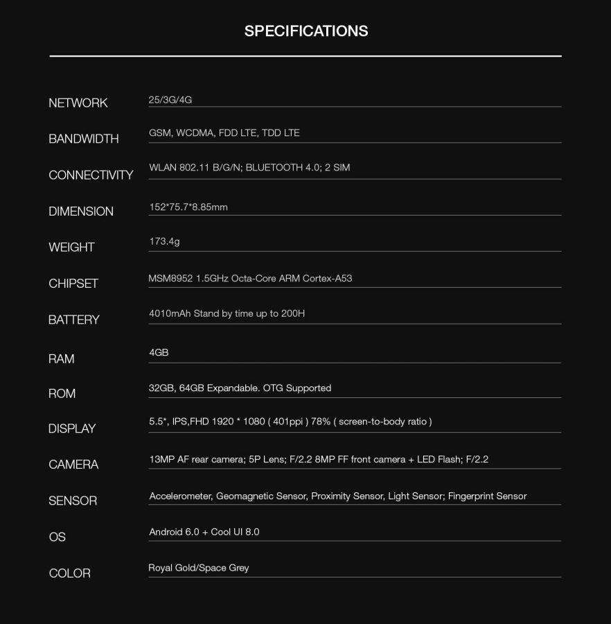Все характеристики Coolpad Note 5 на картинке