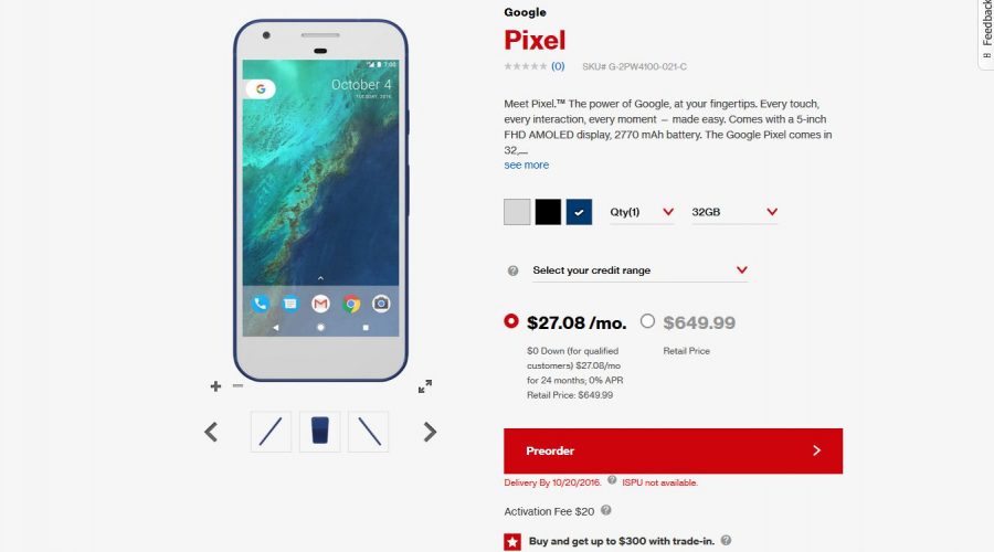 Цена Google Pixel на сайте Verizon