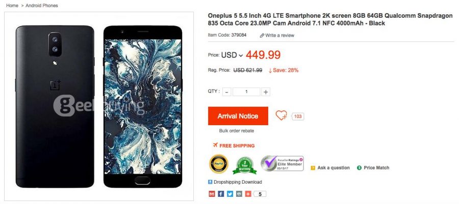 OnePlus 5 на сайте ритейлера Geekbuying