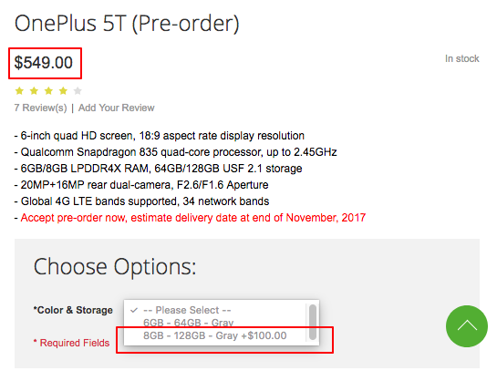 Цена OnePlus 5T в интернет-магазине OppoMart
