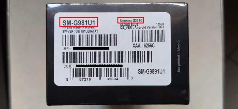 Samsung Galaxy S20 5G SM-G981U1 Box - номер модели на упаковке